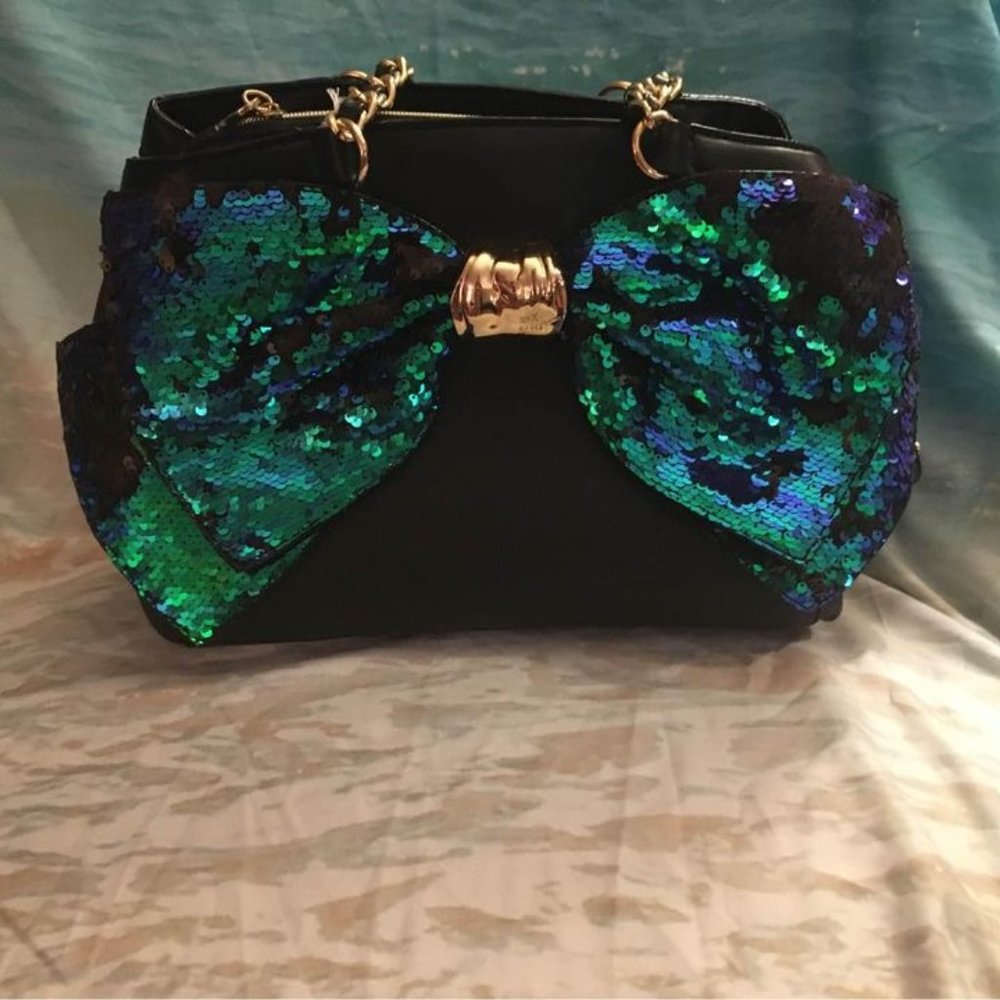 Betsey Johnson mermaid Sequin Green Blue Bow Black Satchel